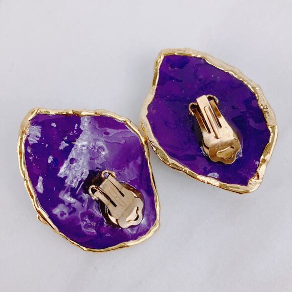 Vintage Amy Lacombe Clip-On Earrings 80s Purple Red Clay 24K Trim Statement - Picture 6 of 7